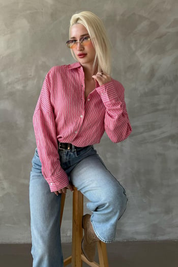 Pembe Çizgili Oversize Kadın Gömlek Mg2327