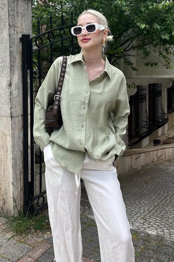 Mint Yeşili Uzun Kollu Oversize Gömlek MG2003