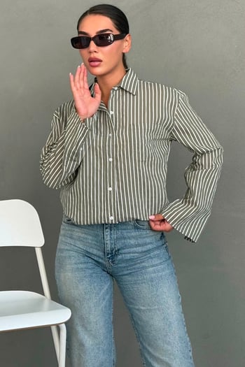 Çağla Yeşili Çizgili Sendy Kumaş Kadın Gömlek MG2834