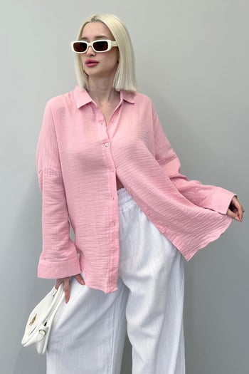 Pembe Muslin Kumaş Basic Kadın Gömlek MG1660
