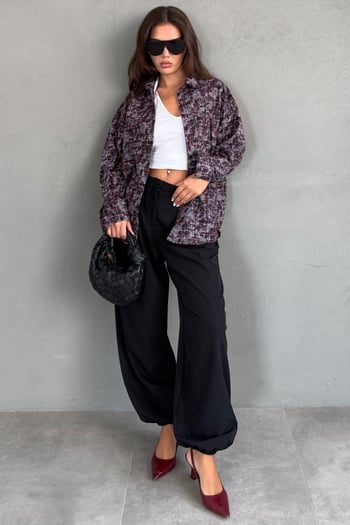 Bordo Ekose Desen Oversize Kadın Gömlek MG2900