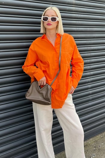 Turuncu Oversize Basic Cepli Poplin Gömlek MG1530