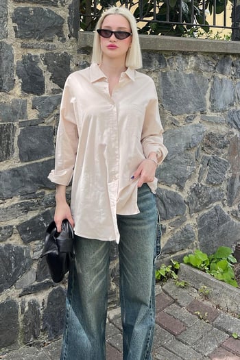 Bej Oversize Basic Cepli Poplin Gömlek MG1530