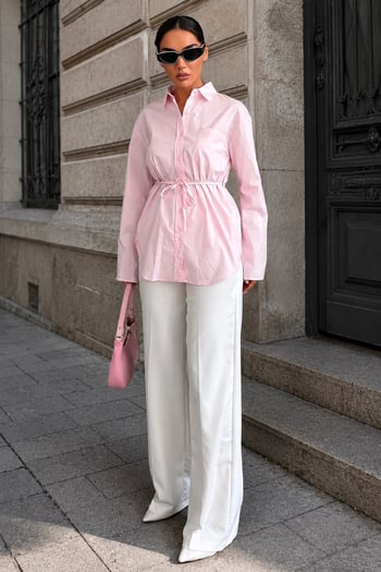 Pembe Belden Bağlamalı Oversize Cepli Gömlek MG2798