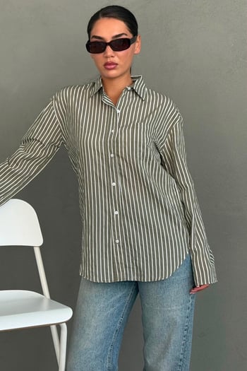 Çağla Yeşili Çizgili Sendy Kumaş Kadın Gömlek MG2834