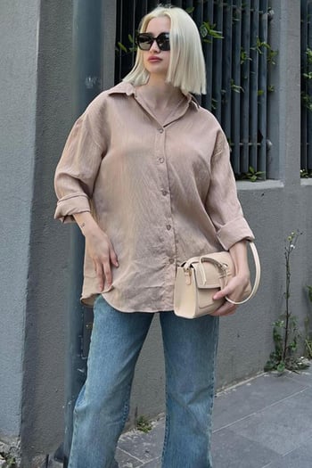 Bej Uzun Kollu Çizgili Oversize Gömlek MG2080