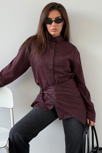 Bordo Kare Desenli Fular Detaylı Kadın Gömlek MG2926
