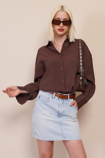 Kahverengi Uzun Kollu Oversize Gömlek MG2003