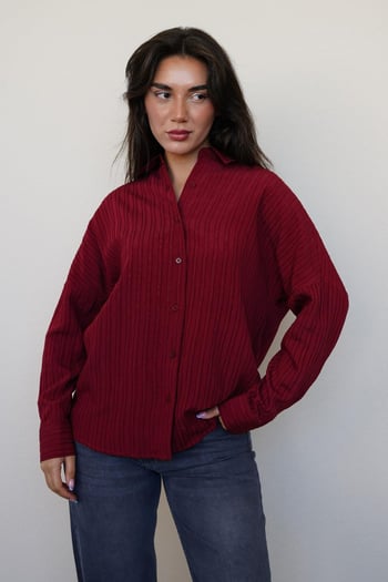 Bordo Uzun Kollu Çizgili Oversize Gömlek MG2080