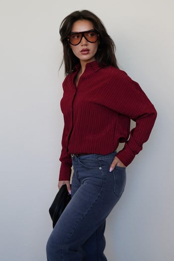 Bordo Uzun Kollu Çizgili Oversize Gömlek MG2080