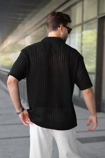 Siyah Overfit Çizgili Jakarlı Erkek Gömlek E6770