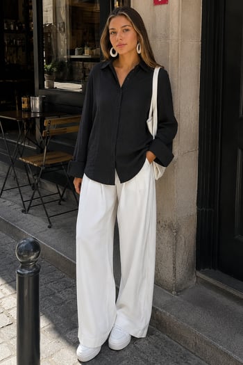 Siyah Muslin Kumaş Basic Kadın Gömlek MG1660