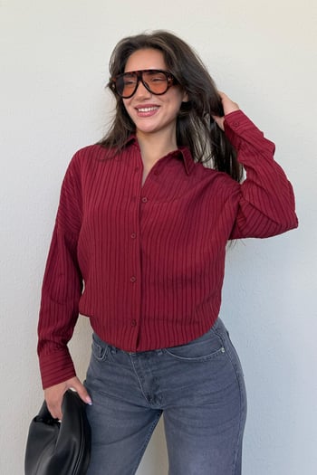 Bordo Uzun Kollu Çizgili Oversize Gömlek MG2080