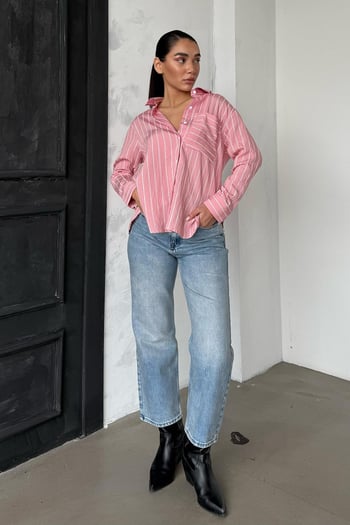 Pembe Çizgili Cep Detaylı  Kadın Gömlek Mg2345