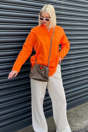Turuncu Oversize Basic Cepli Poplin Gömlek MG1530