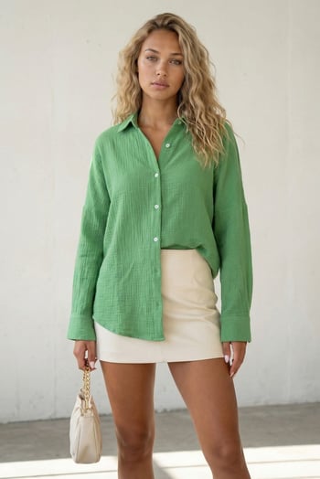 Yosun Yeşili Muslin Kumaş Basic Kadın Gömlek MG1660
