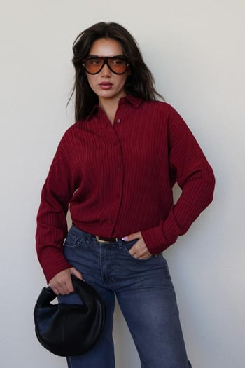 Bordo Uzun Kollu Çizgili Oversize Gömlek MG2080