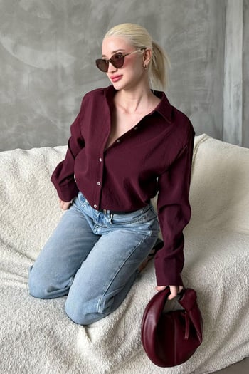 Bordo Kırışık Desen Kadın Gömlek MG2313