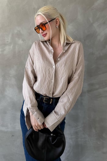 Bej Çizgili Oversize Kadın Gömlek Mg2327