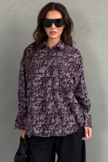 Bordo Ekose Desen Oversize Kadın Gömlek MG2900