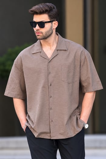 Kahverengi Kısa Kollu Oversize Erkek Gömlek 6737