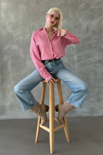 Pembe Çizgili Oversize Kadın Gömlek Mg2327