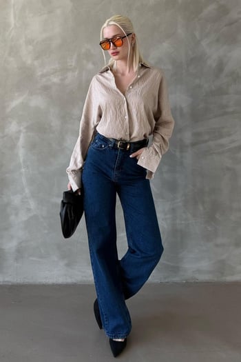 Bej Çizgili Oversize Kadın Gömlek Mg2327