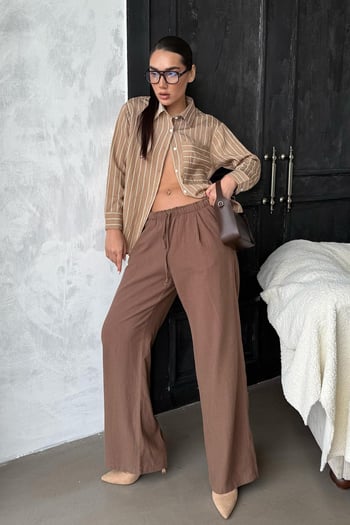 Camel Çizgili Cepli Kadın Gömlek Mg2345