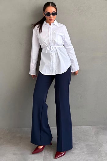 Beyaz Belden Bağlamalı Oversize Cepli Gömlek MG2798