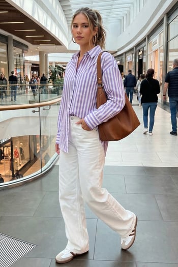 Mor Çizgili Oversize Kadın Gömlek MG1688
