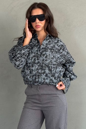 Siyah Ekose Desen Oversize Kadın Gömlek MG2900