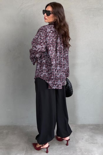 Bordo Ekose Desen Oversize Kadın Gömlek MG2900