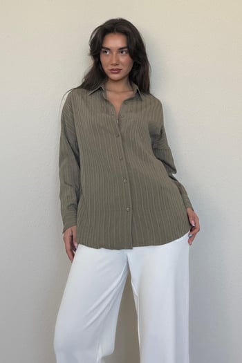 Haki Uzun Kollu Çizgili Oversize Gömlek MG2080