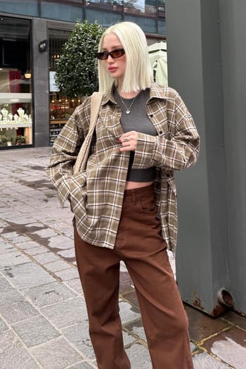 Camel Oversize Ekose Desenli Kadın Gömlek MG2589
