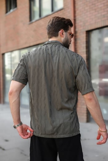 Haki Dalga Desenli Regular Fit Erkek Gömlek E6771