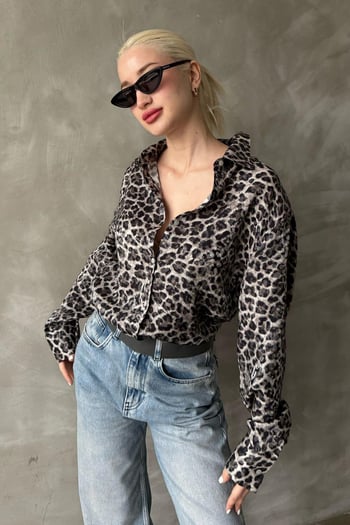 Siyah Leopar Desen Kadın Gömlek Mg2296