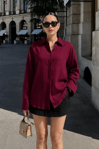 Bordo Uzun Kollu Oversize Gömlek MG2003