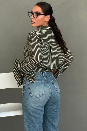 Haki Çizgili Sendy Kumaş Kadın Gömlek MG2834
