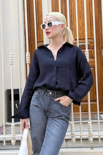 Lacivert Muslin Kumaş Basic Kadın Gömlek MG1660