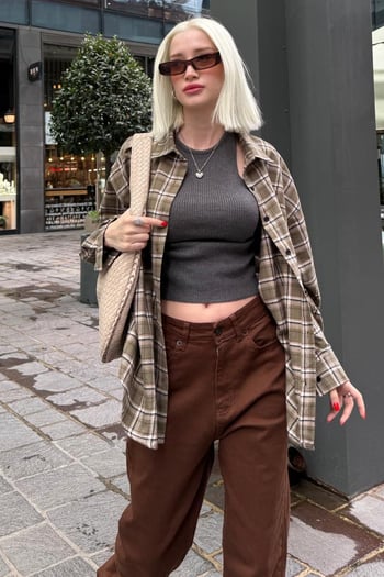 Camel Oversize Ekose Desenli Kadın Gömlek MG2589