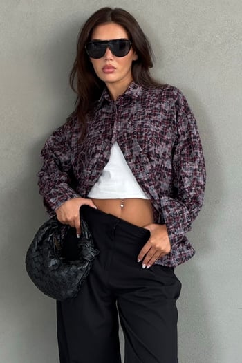 Bordo Ekose Desen Oversize Kadın Gömlek MG2900