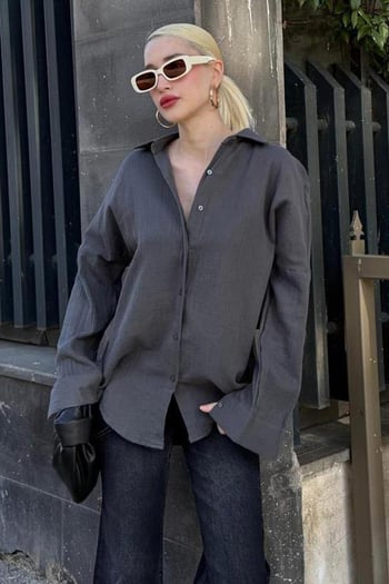 Antrasit Muslin Kumaş Basic Kadın Gömlek MG1660