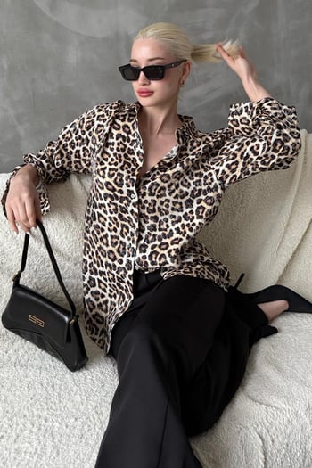 Bej Leopar Desen Kadın Gömlek Mg2296