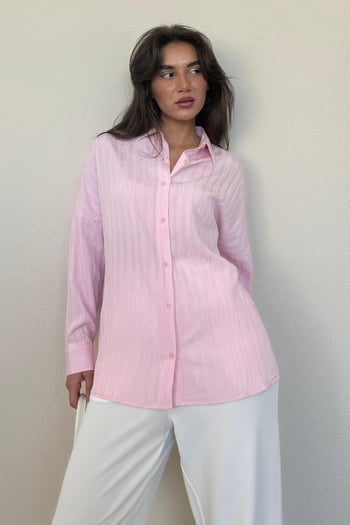 Pembe Uzun Kollu Çizgili Oversize Gömlek MG2080