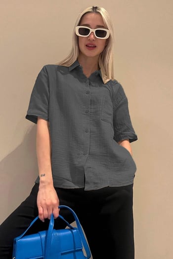 Füme Muslin Kumaş Basic Kadın Gömlek MG1784