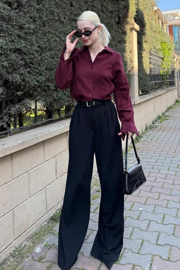 Bordo Muslin Kumaş Basic Kadın Gömlek MG1660