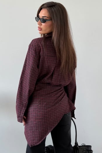 Bordo Kare Desenli Fular Detaylı Kadın Gömlek MG2926