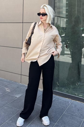 Mad Girls Bej Oversize Gömlek MG1369