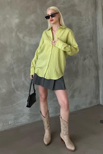 Sarı Çizgili Oversize Kadın Gömlek Mg2327