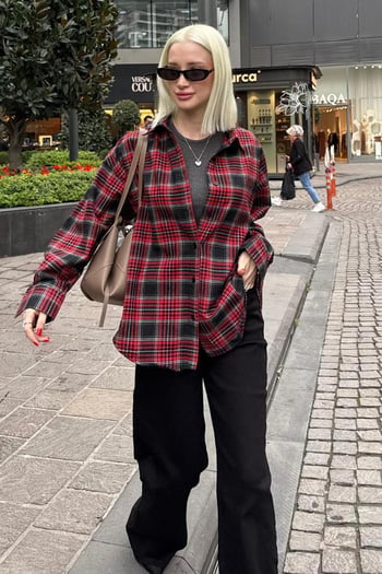 Kırmızı Oversize Ekose Desenli Kadın Gömlek MG2589
